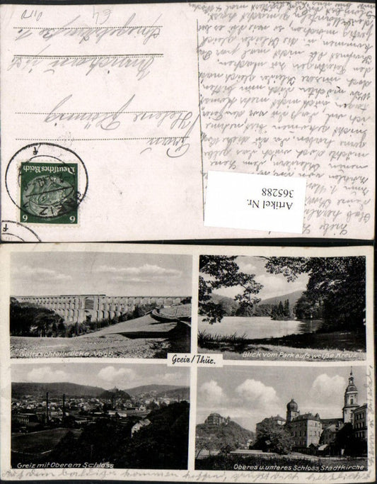 365288, Greiz: Overview of Upper and Lower Castle, Town Church, Bridge, Multi-view postcard