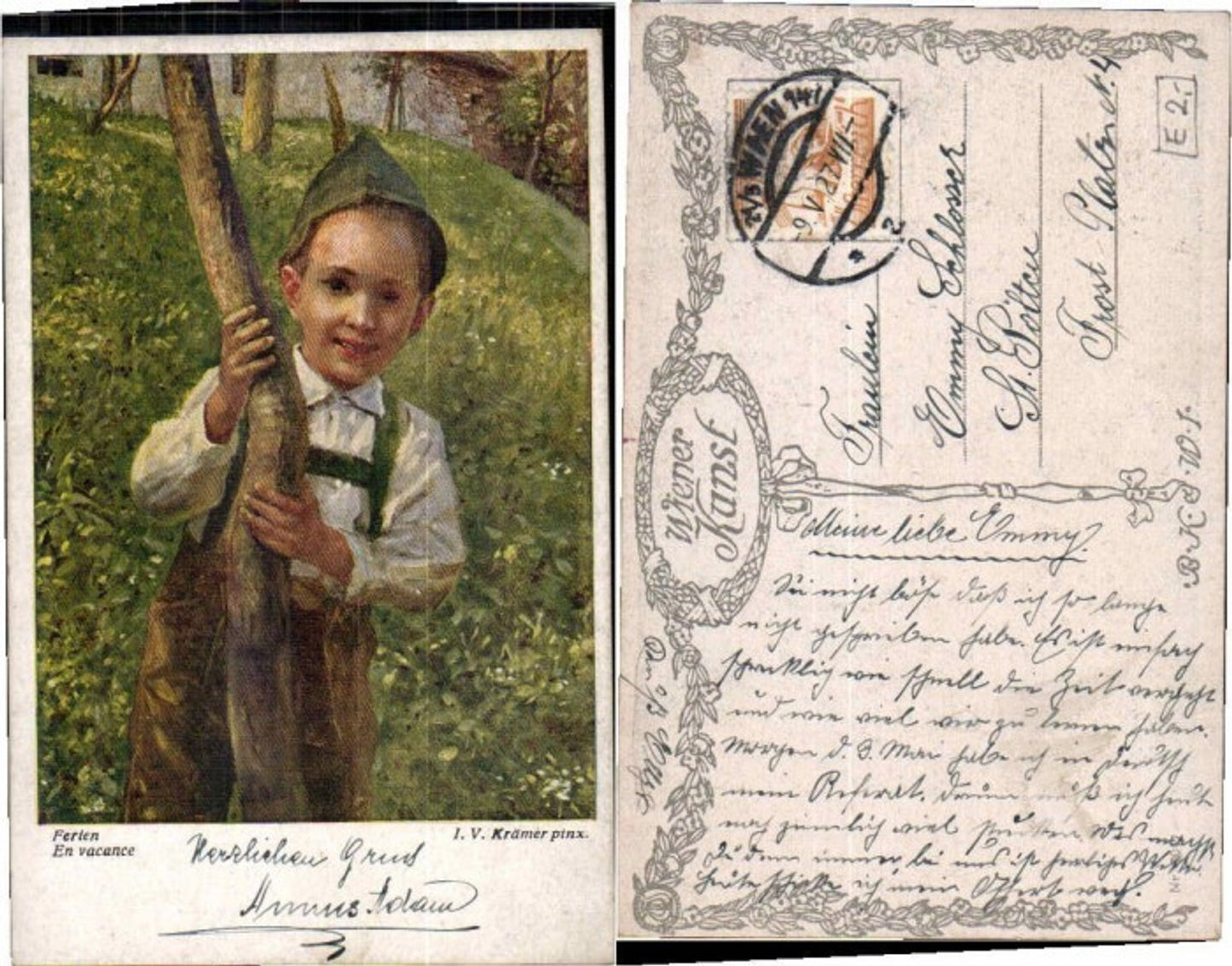 63978,Ferien Junge m. Jagd Tracht V. Krämer sign. B.K.W.I