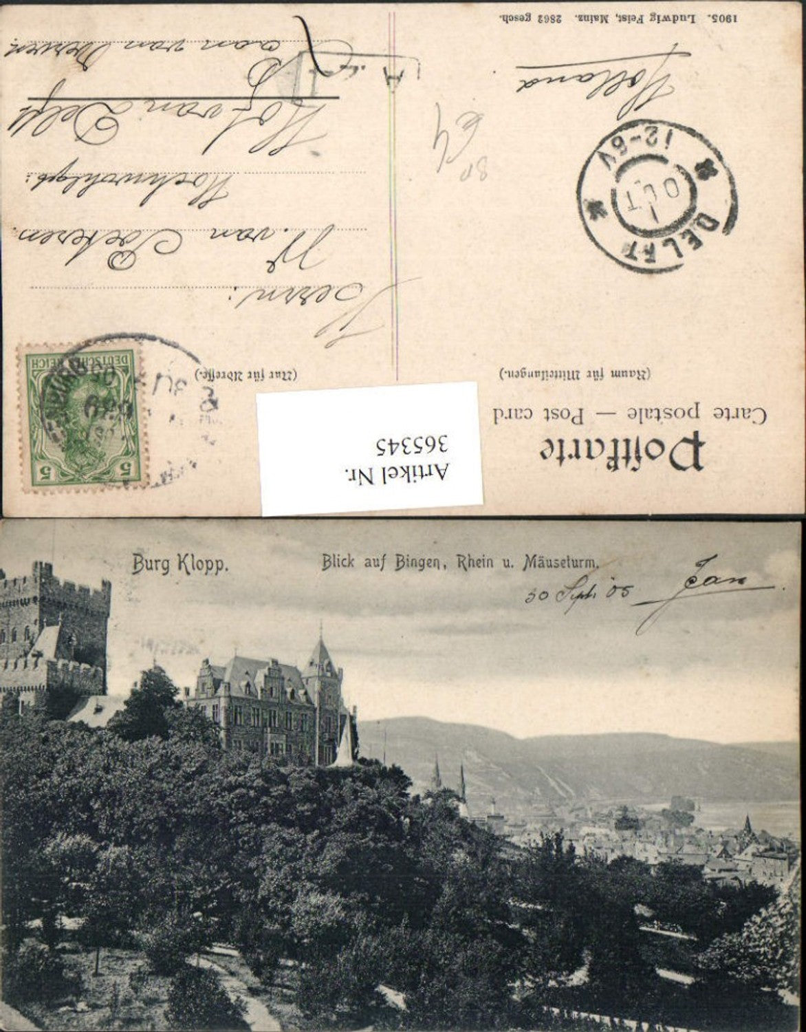 365345,Burg Klopp Blick auf Bingen Rhein u. Mäuseturm Bahnpost Zug 639