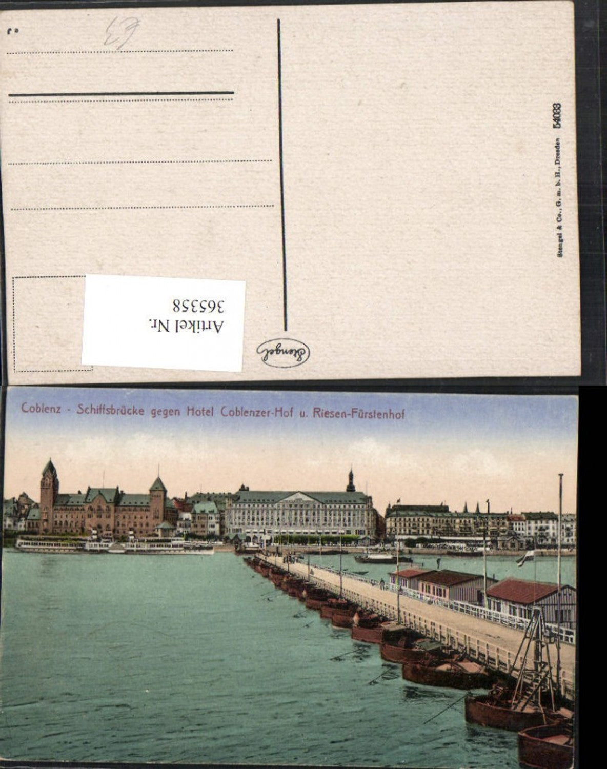 365358,Coblenz Koblenz Schiffsbrücke geg. Hotel Koblenzer-Hof u. Riesen-Fürstenhof