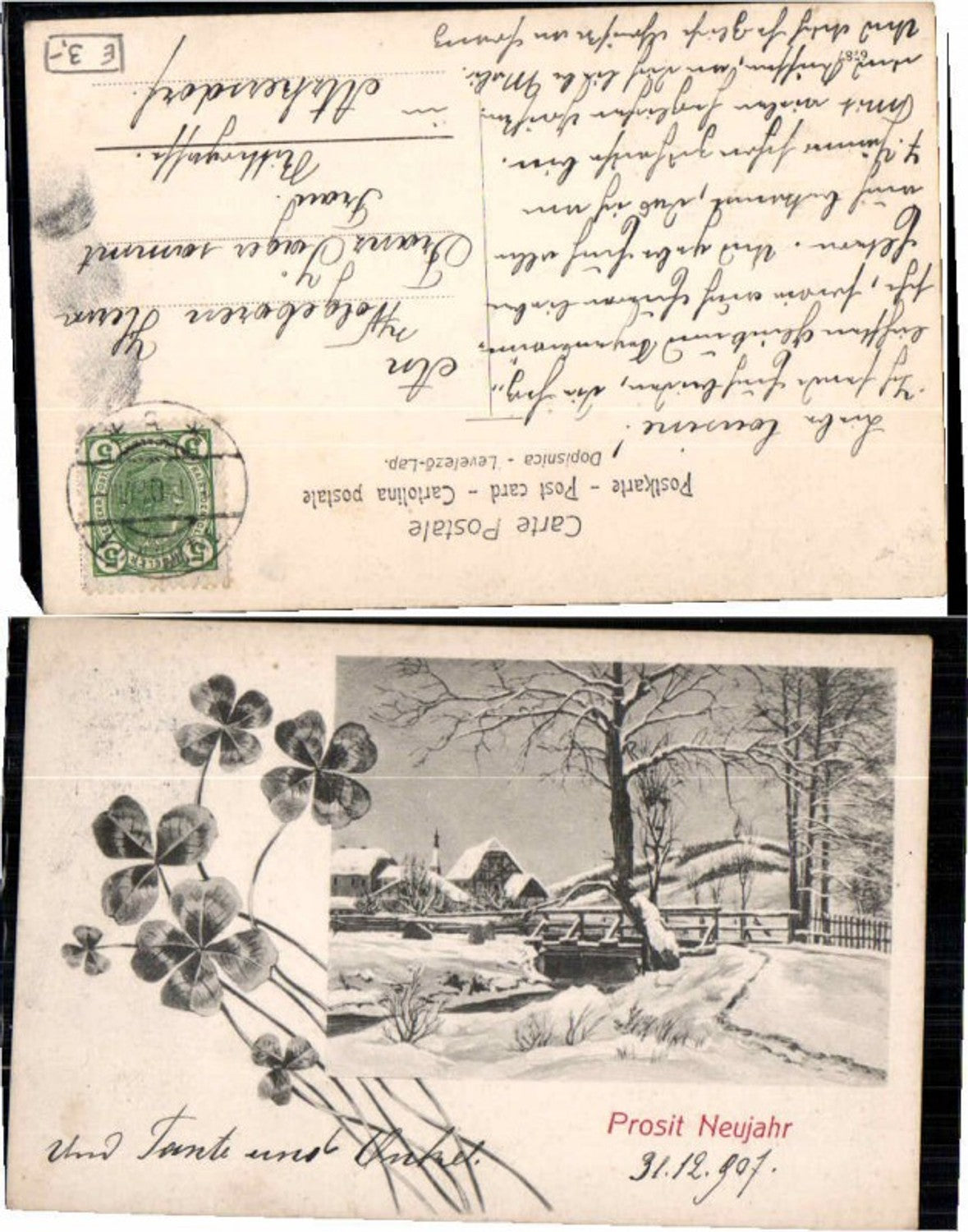 64059,Neujahr Jugendstil Kleeblätter Winter Landschaft 1908