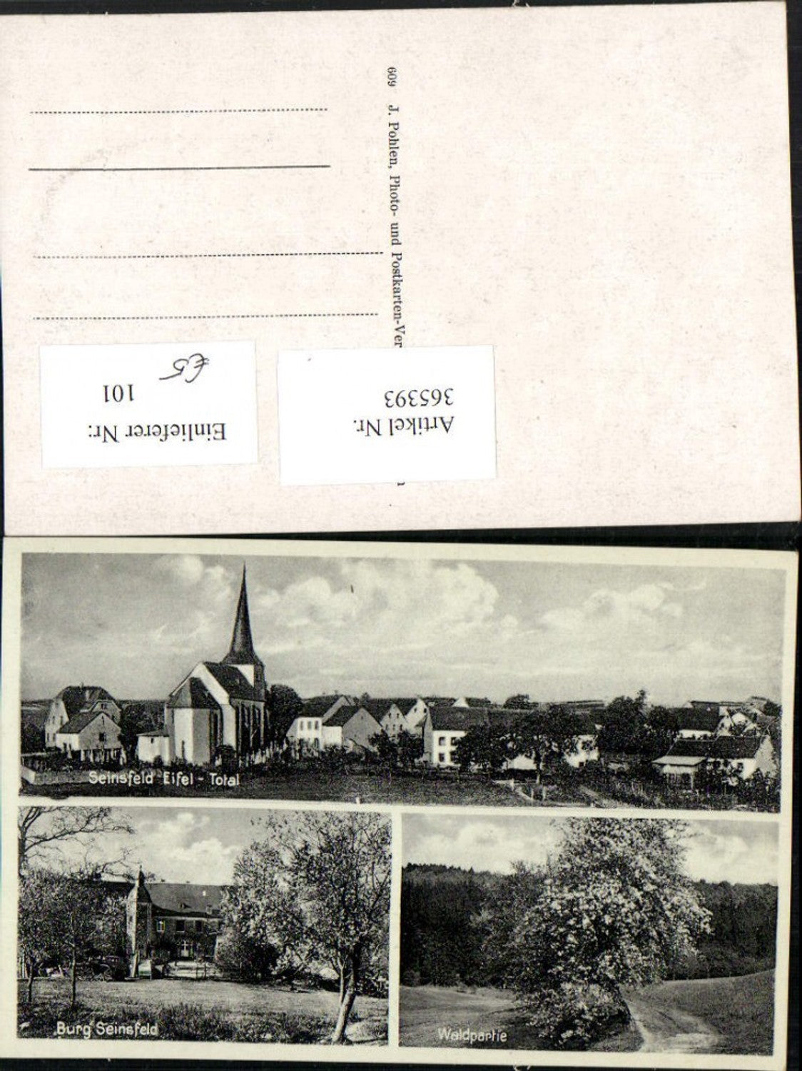 365393,Seinsfeld in d. Eifel Totale Kirche Burg Waldpartie Merbildkarte