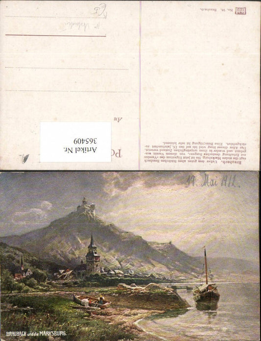 365409,Künstler AK N. Astudin Braubach am Rhein Teilansicht m. Burg Segelboot