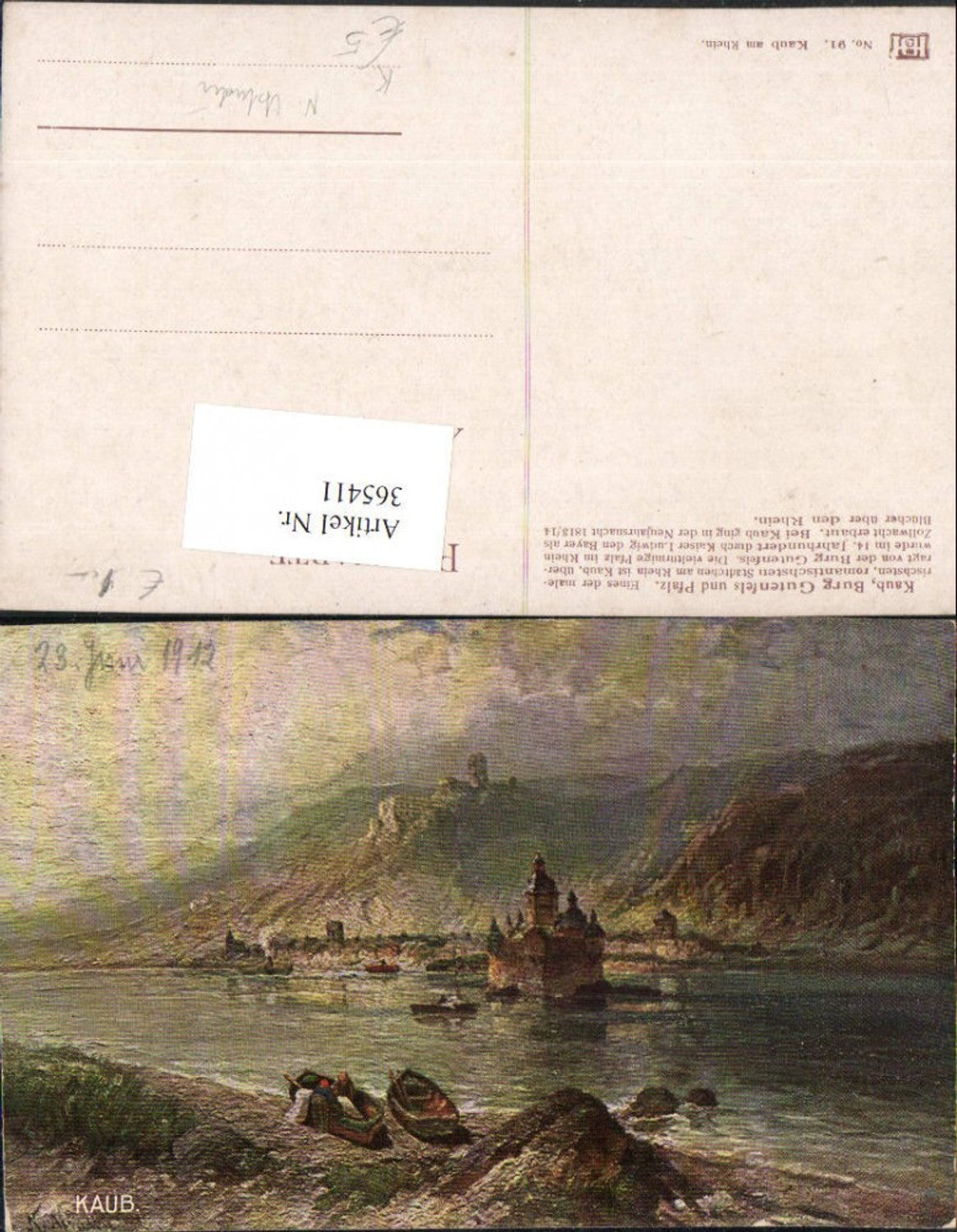 365411,Künstler AK N. Astudin Kaub Burg Gutenfels u. Pfalz Pfalzgrafenstein