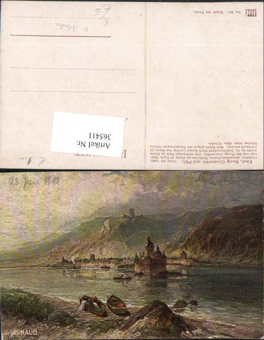 365411,Künstler AK N. Astudin Kaub Burg Gutenfels u. Pfalz Pfalzgrafenstein
