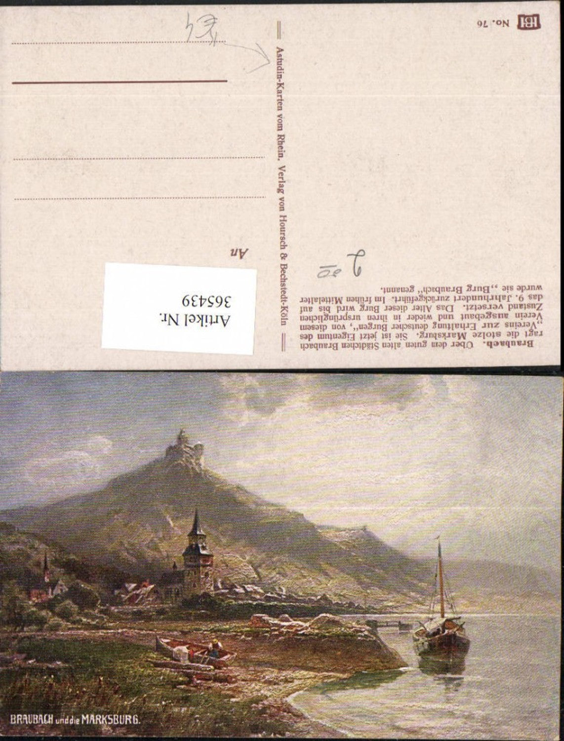 365439,Künstler AK N. Astudin Braubach am Rhein Teilansicht m. Burg Segelboot