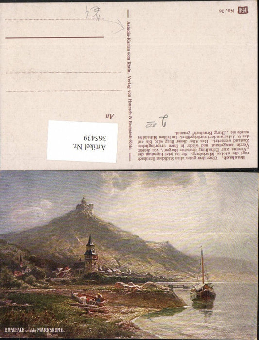 365439,Künstler AK N. Astudin Braubach am Rhein Teilansicht m. Burg Segelboot