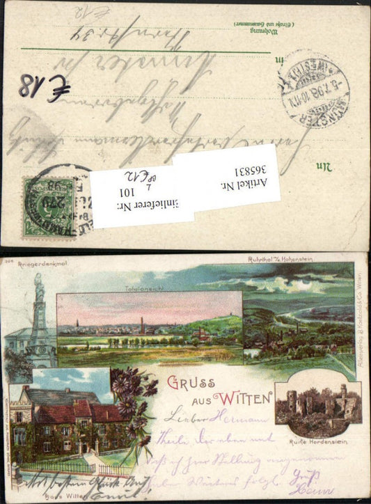 365831,Litho Gruß aus Witten Totale Ruine Hordenstein Bahnpost Zug 279 Krefeld – Hamm