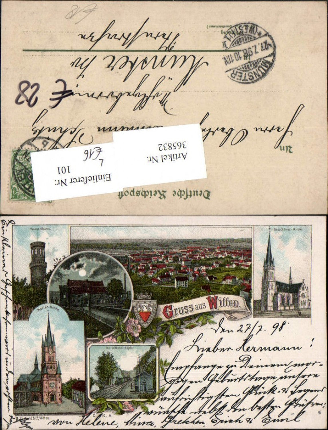 365832,Litho Gruß aus Witten Totale Kirche Helenen-Turm Mehrbildkarte