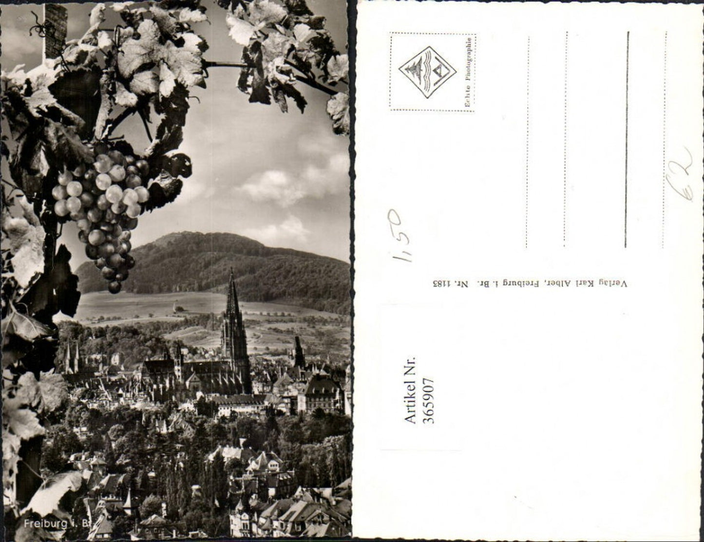 365907,Freiburg im Breisgau Teilansicht m. Kirche Fotomontage Weintrauben Wein