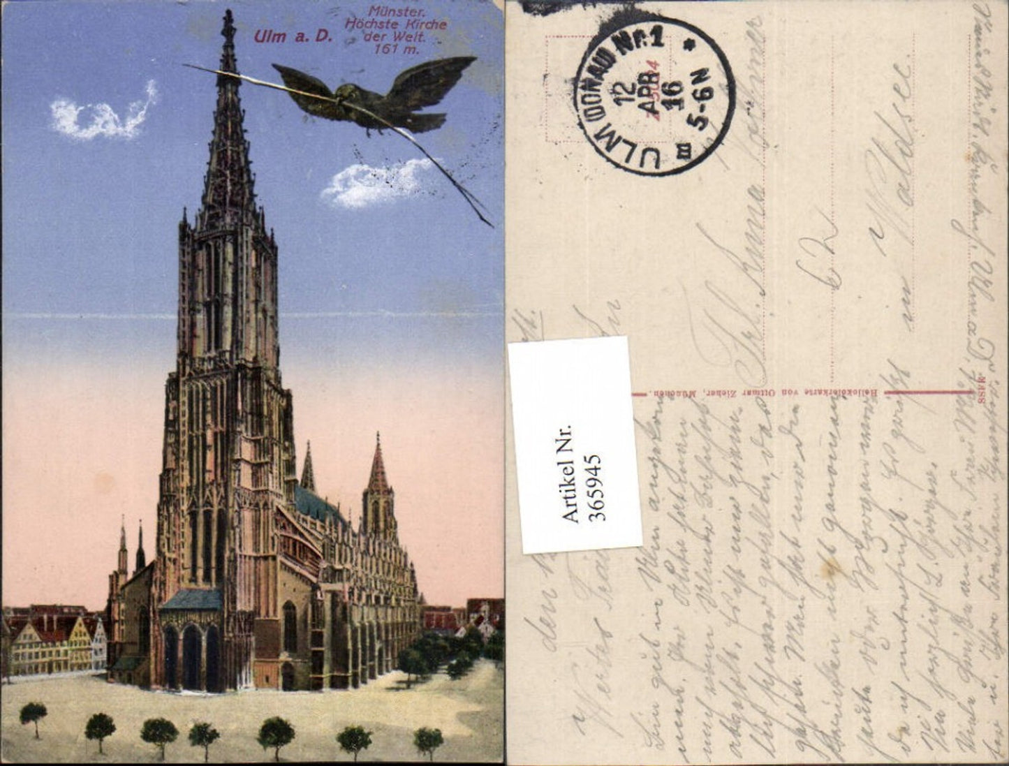 365945,Ulm an d. Donau Münster Kirche Vogel m. Zweig