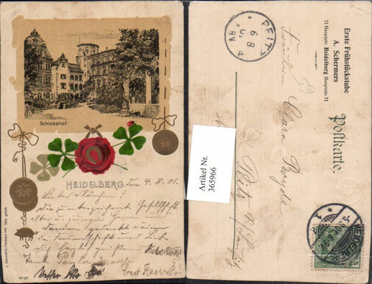 365966, embossed postcard of Heidelberg Castle, courtyard, passe-partout, seal, clover, horseshoe