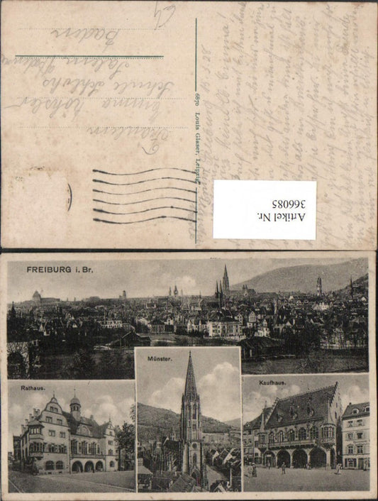 366085, Freiburg im Breisgau, Overview of the Minster, Church, Town Hall, Department Store, Multi-view postcard