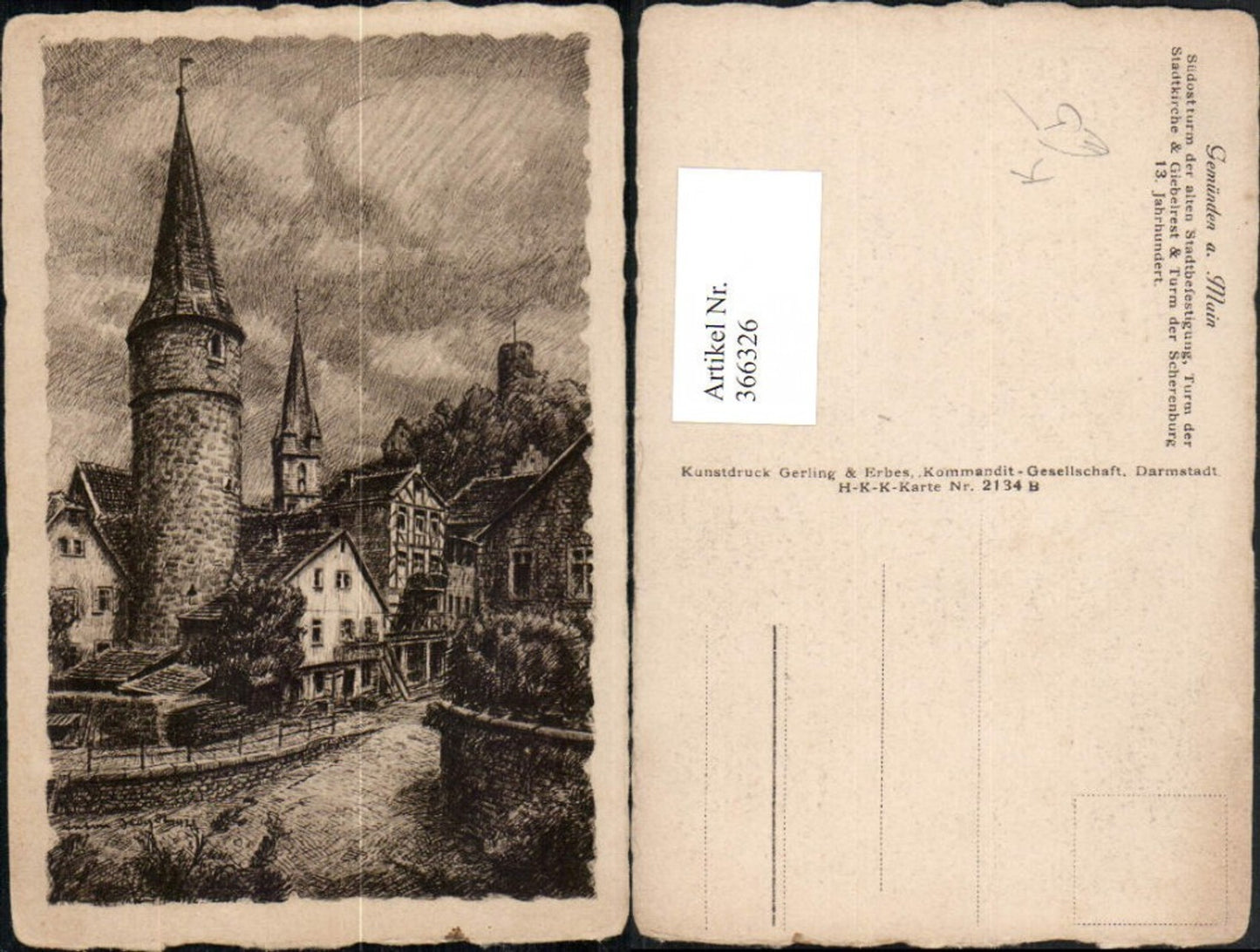 366326,Künstler AK Gemünden am Main Kirchenturm Giebelrest Turm Scherenburg