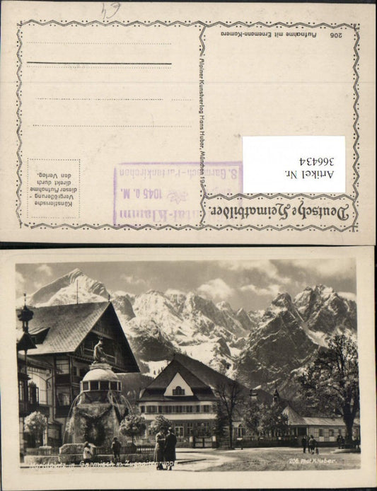 366434,Garmisch Marktplatz Brunnen m. Zugspitzgruppe Bergkulisse pub H. Huber 206