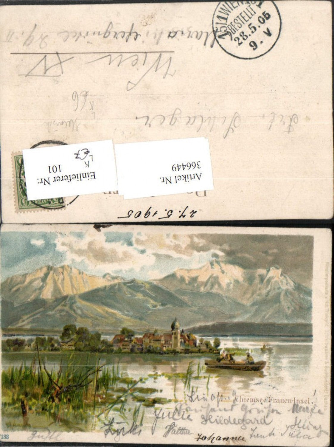 366449,Künstler Litho Chiemsee Fraueninsel Insel Bergkulisse Ruderboot