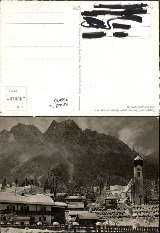 366620,Grainau Kirche geg. Großen Waxenstein u. Zugspitze Bergkulisse Winterbild