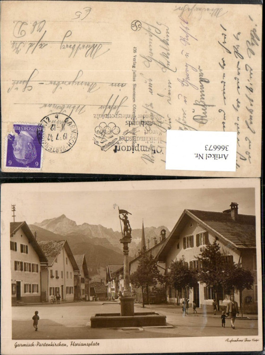 366673,Garmisch-Partenkirchen Floriansplatz Brunnen Bergkulisse