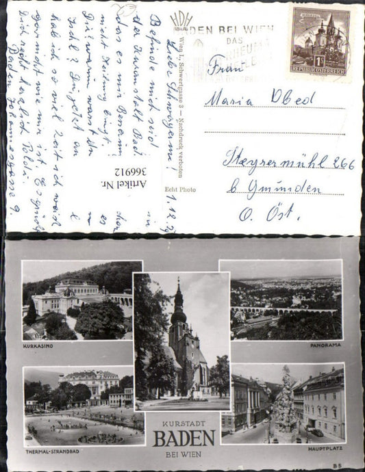 366912,Baden b. Wien Totale Kirche Hauptplatz Strandbad Kasino Mehrbildkarte