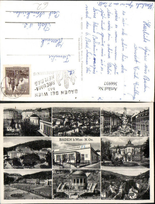 366937,Baden b. Wien Totale Hauptplatz Kuranstalt Strandbad Helenental Mehrbildkarte