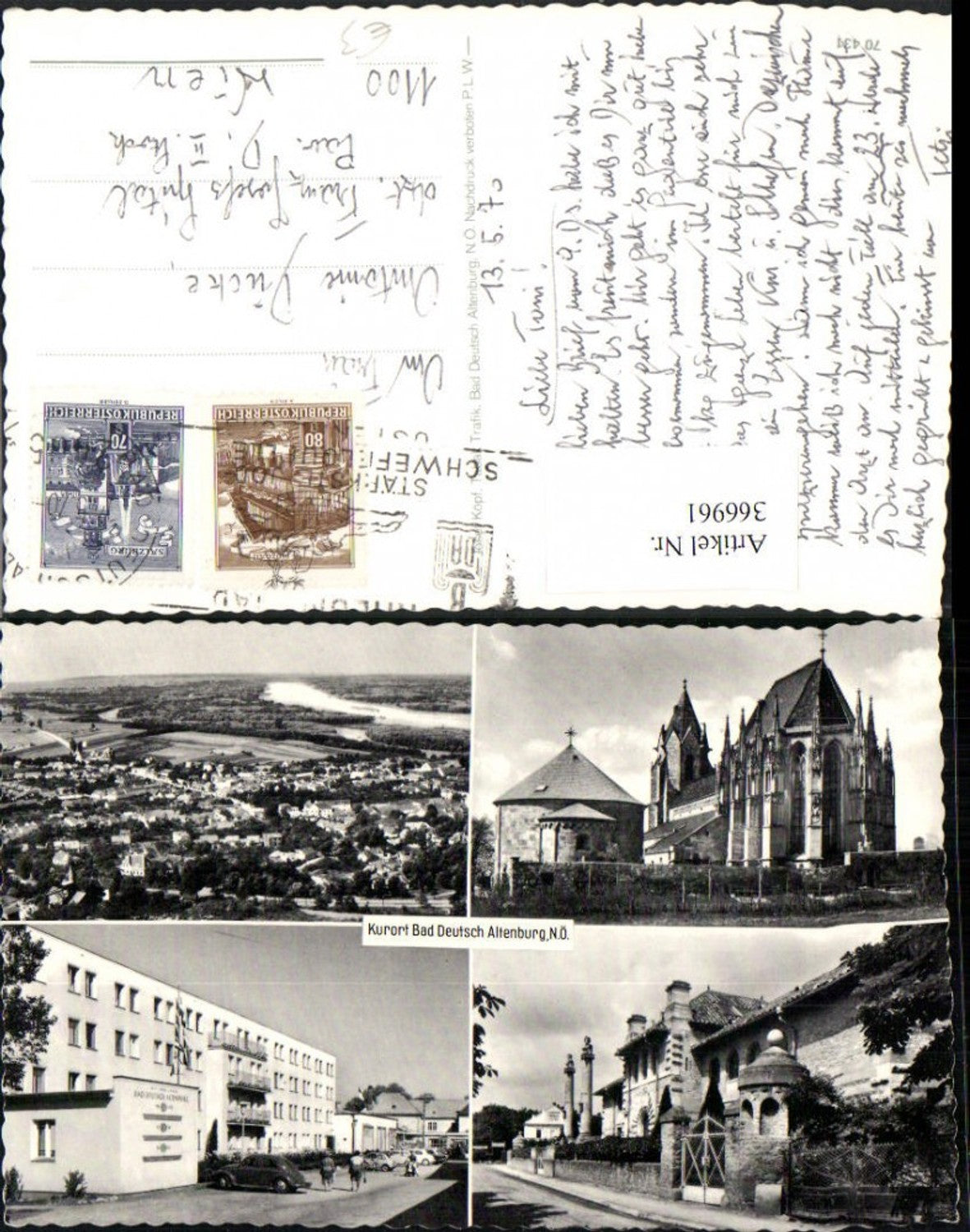 366961,Bad Deutsch-Altenburg Totale Kirche Kurhaus VW-Käfer Mehrbildkarte