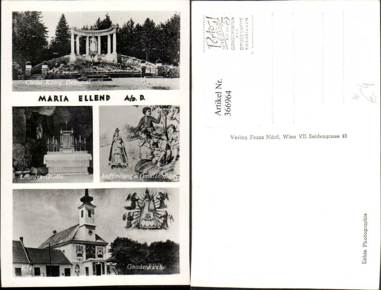 366964,Maria Ellend an d. Donau Kirche Lourdesgrotte Christ König Denkmal Mehrbildkarte