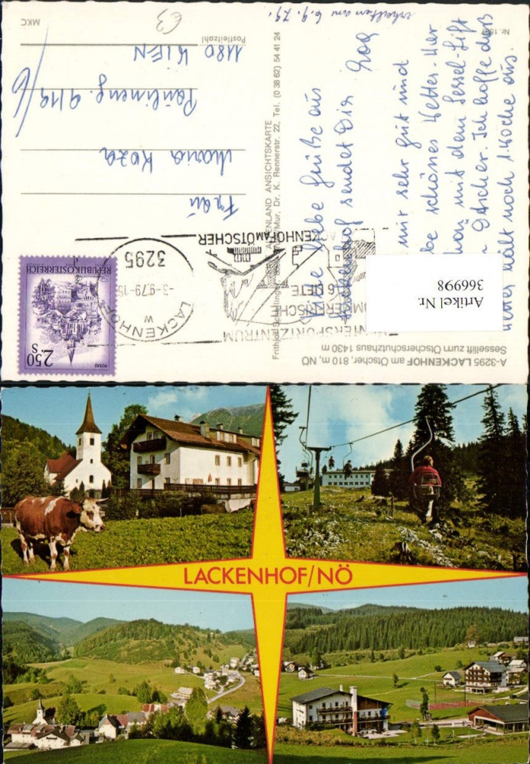 366998,Lackenhof Totale Sessellift Kirche Kuh Mehrbildkarte