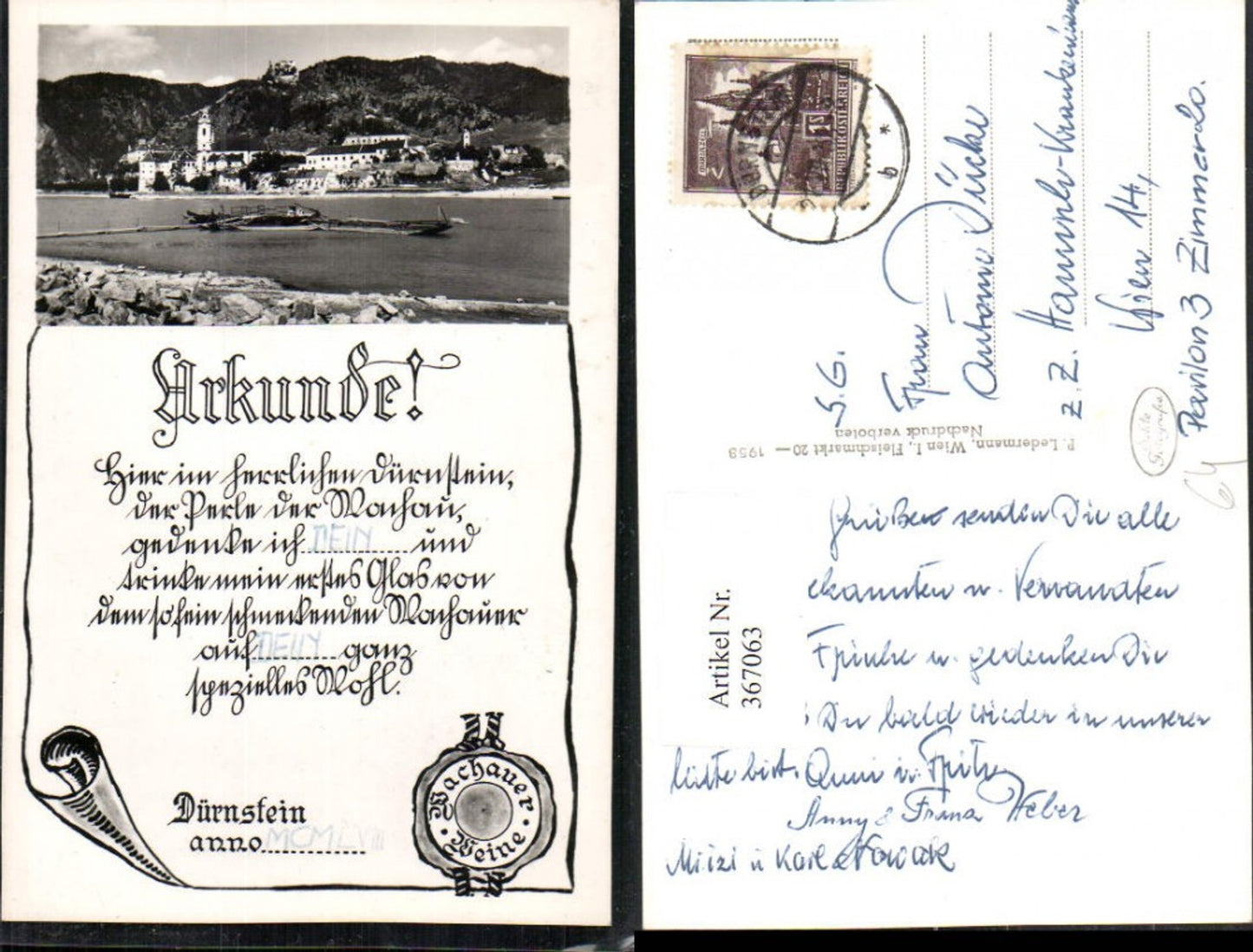 367063,Dürnstein in d. Wachau Totale m. Ruine Passepartout Urkunde Siegel