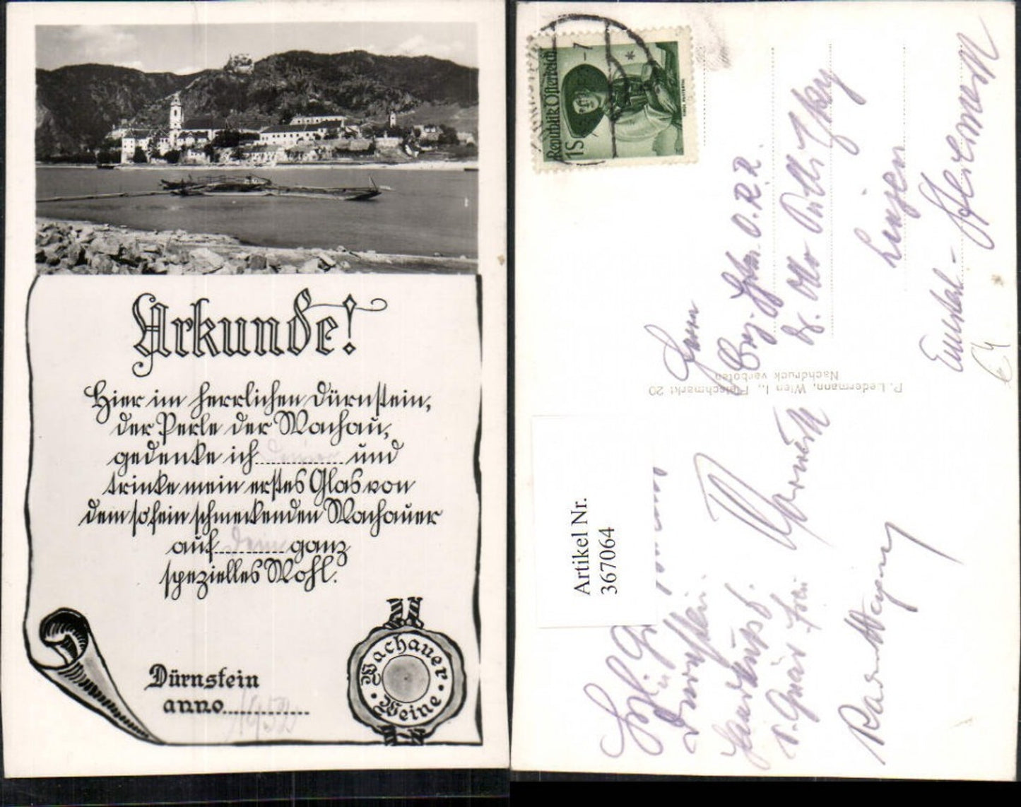 367064,Dürnstein in d. Wachau Totale m. Ruine Passepartout Urkunde Siegel