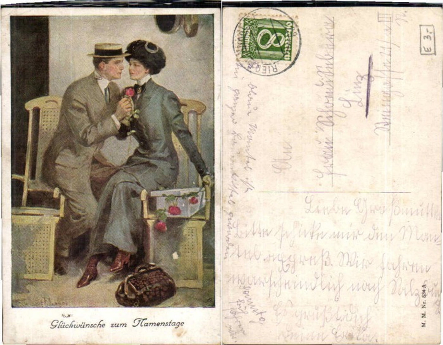 65754,M. Munk Vienne 834 Namenstag Liebespaar Frau Hut Rosen