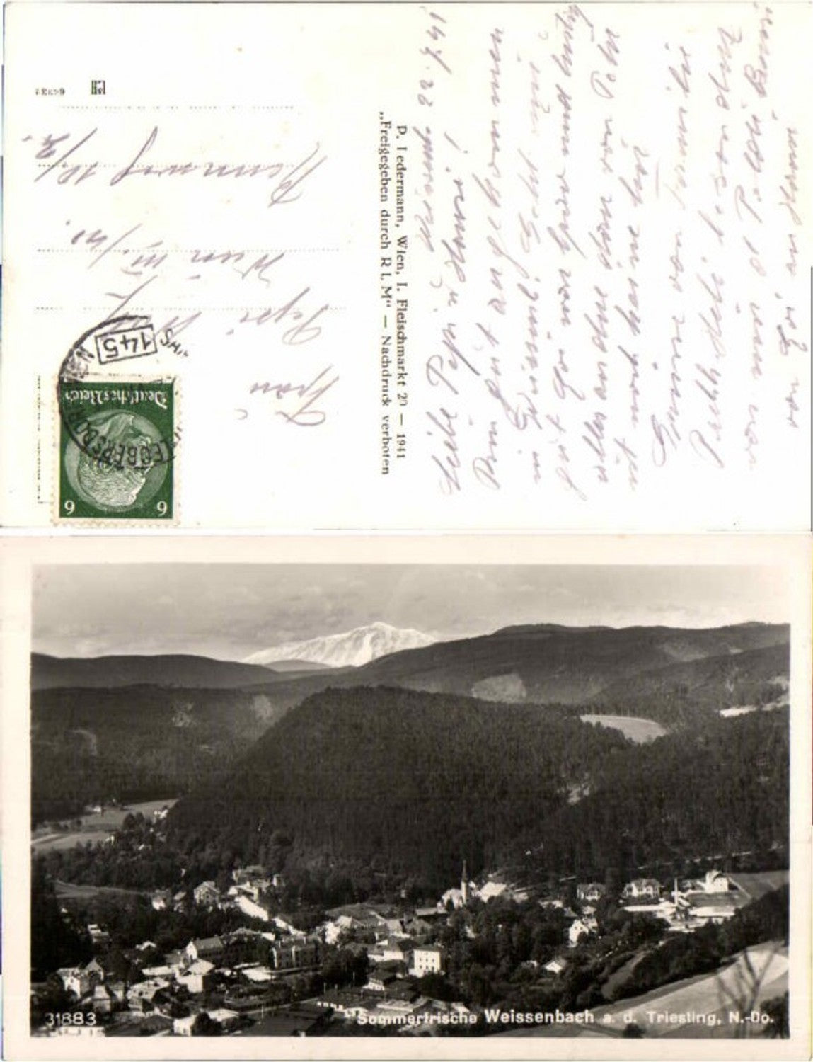 65858, Summer resort Weissenbach near Triesting 1941 Railway post 