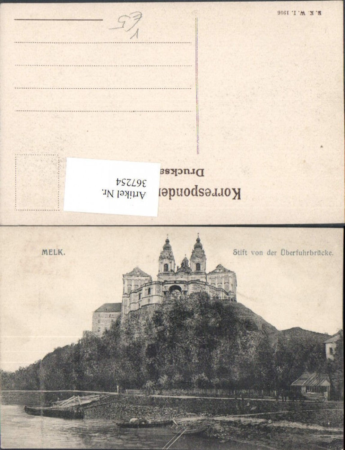 367254,Melk an d. Donau Stift von d. Überfuhrbrücke pub B.K.W.I. 1916