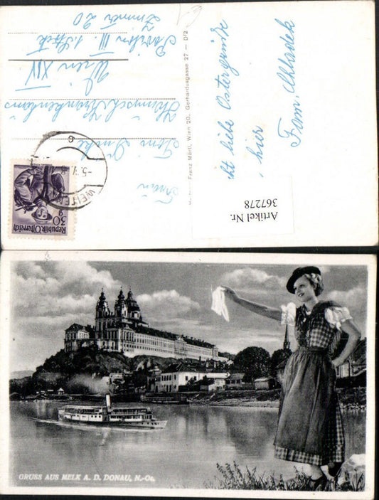 367278,Gruß aus Melk an d. Donau Stift Dampfer Fotomontage Frau in Tracht m. Hut