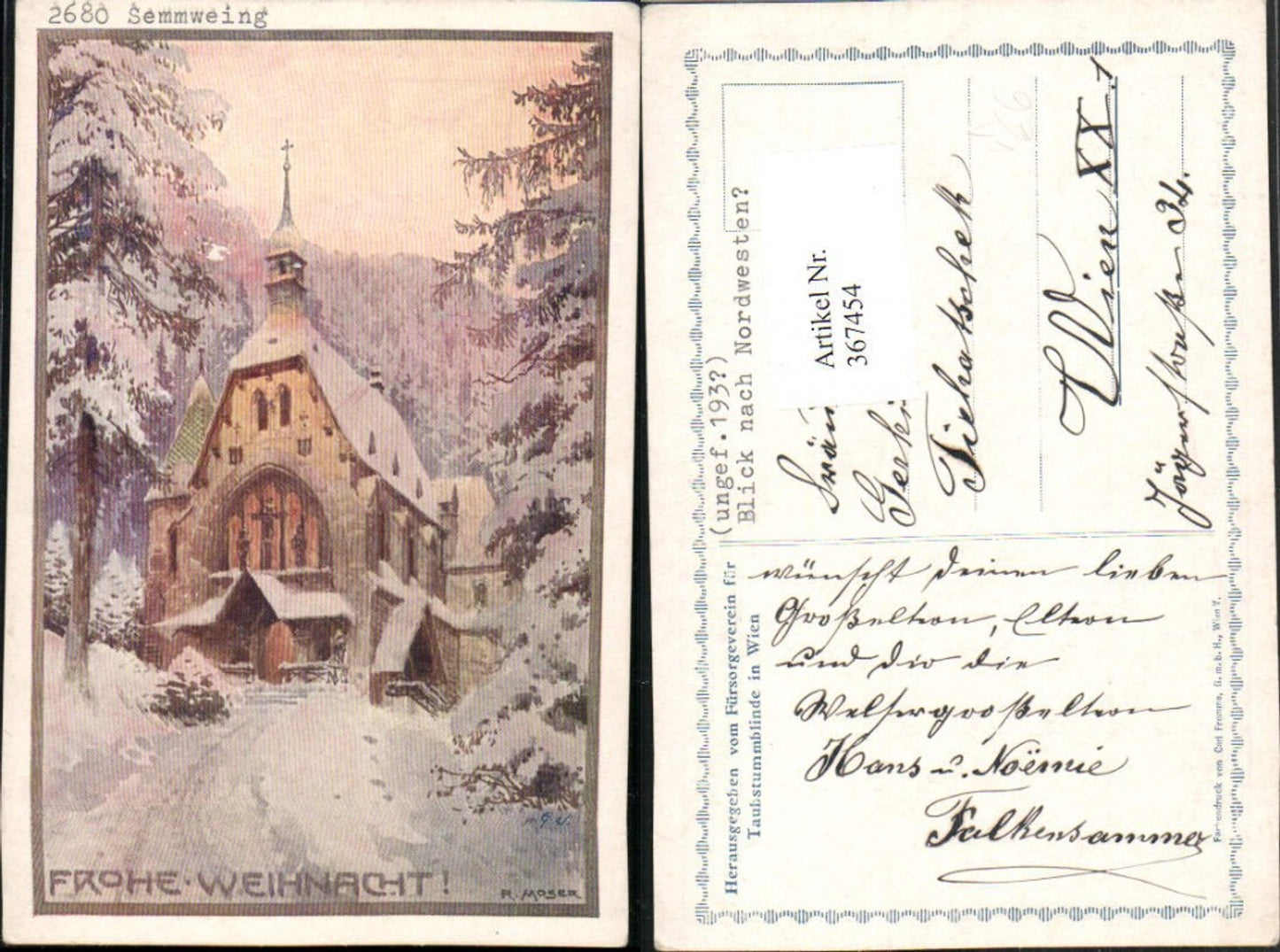 367454,Künstler AK R. Moser Semmering Kirche Winterbild pub Fürsorgeverein Taubstummblinde Wien