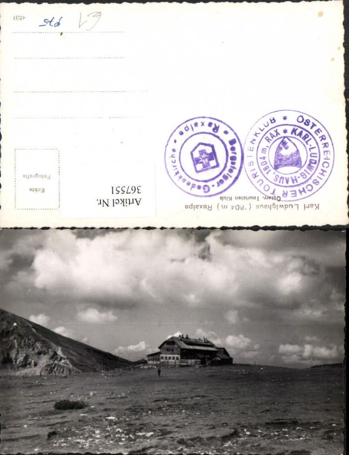 367551,Foto AK Karl Ludwig-Haus Berghütte b. Prein