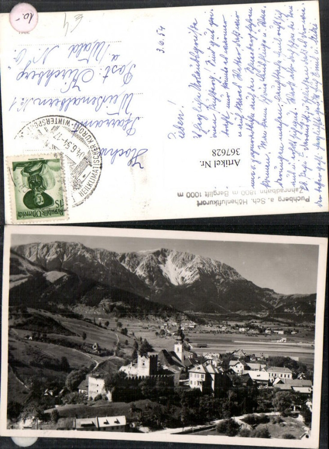 367628,Puchberg am Schneeberg Teilansicht Burgruine Kirche Bergkulisse
