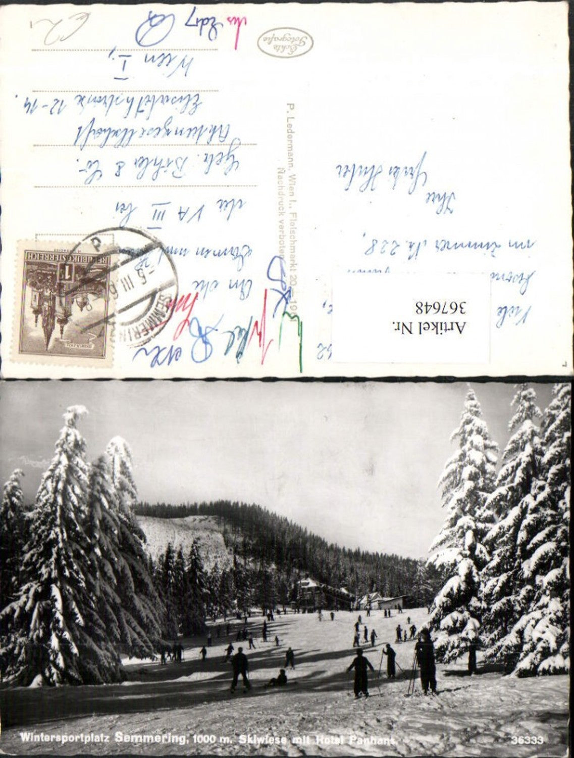 367648,Semmering Skiwiese m. Hotel Panhans Skifahrer Winterbild