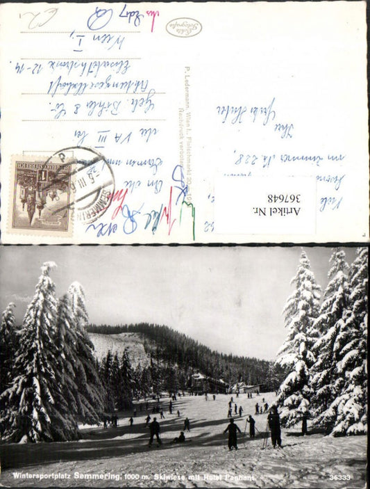 367648,Semmering Skiwiese m. Hotel Panhans Skifahrer Winterbild