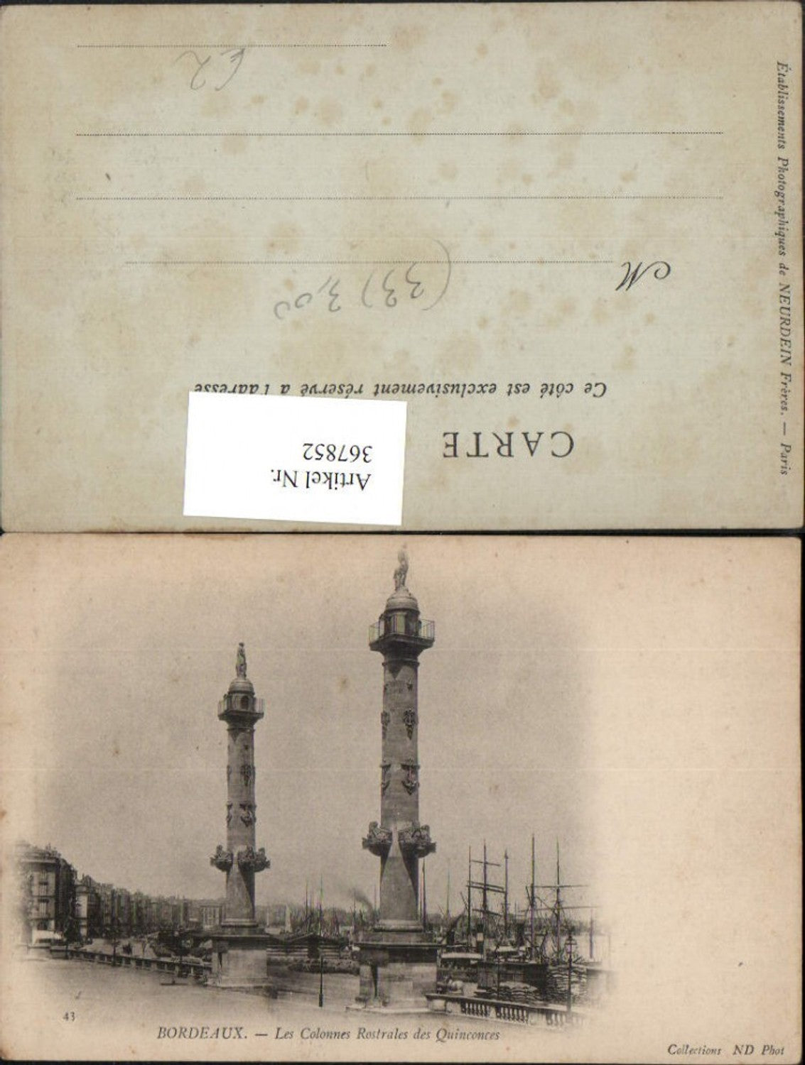 367852,Aquitanien Gironde Bordeaux Les Colonnes Rostrales des Quinconces Säulen