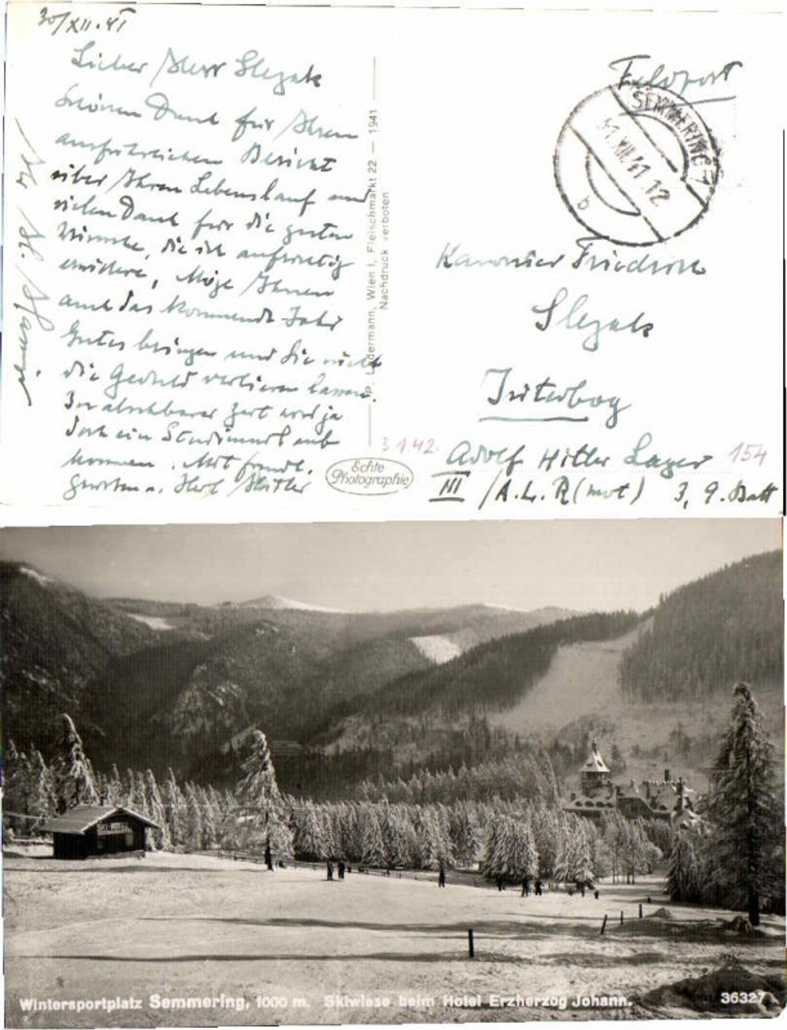 67077,Fotokarte Semmering Skiwiese Erzherzog Hotel m Leuten 1941