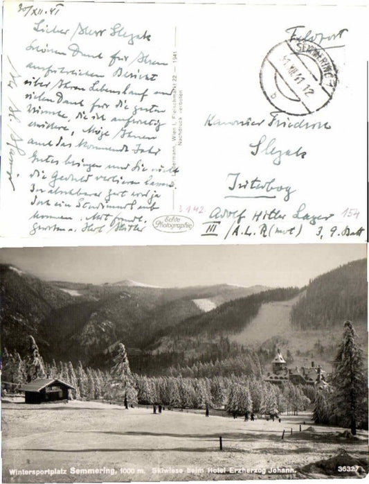 67077,Fotokarte Semmering Skiwiese Erzherzog Hotel m Leuten 1941