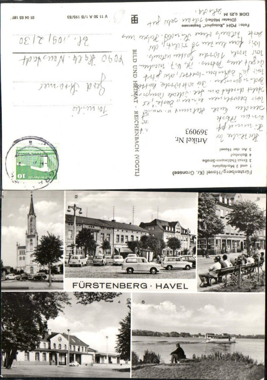 369093, Fürstenberg an der Havel, Market Square, Train Station, Church, Multi-view postcard