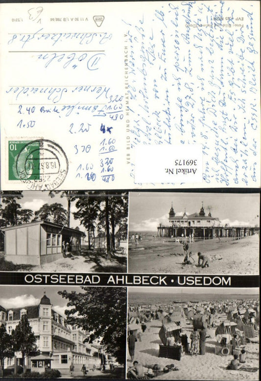 369175, Baltic Sea resort Ahlbeck on Usedom, pier, beach, beach life, multi-view postcard, VEB 