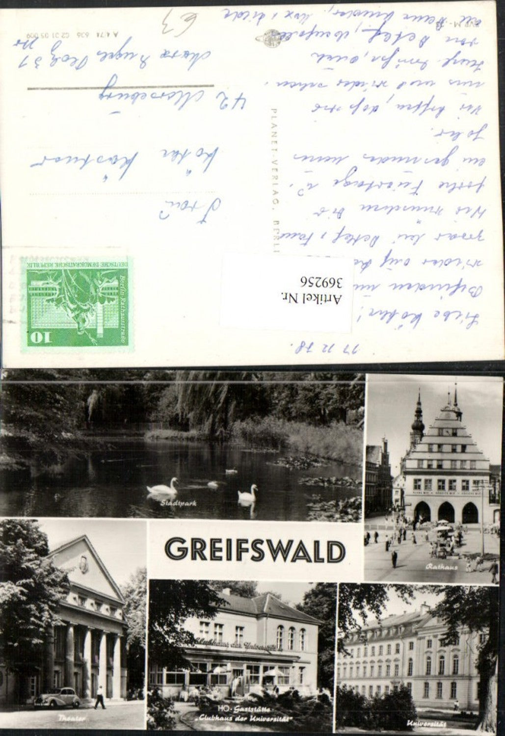 369256,Greifswald Stadtpark Schwäne Rathaus Universität Theater Mehrbildkarte