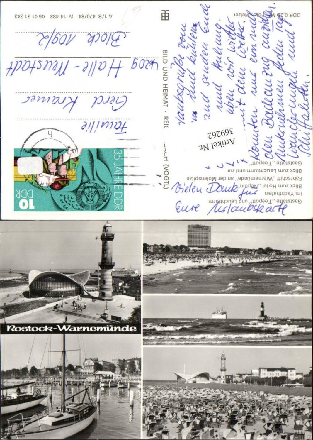 369262,Rostock Warnemünde Strand Strandleben Leuchtturm Segelboot Mehrbildkarte