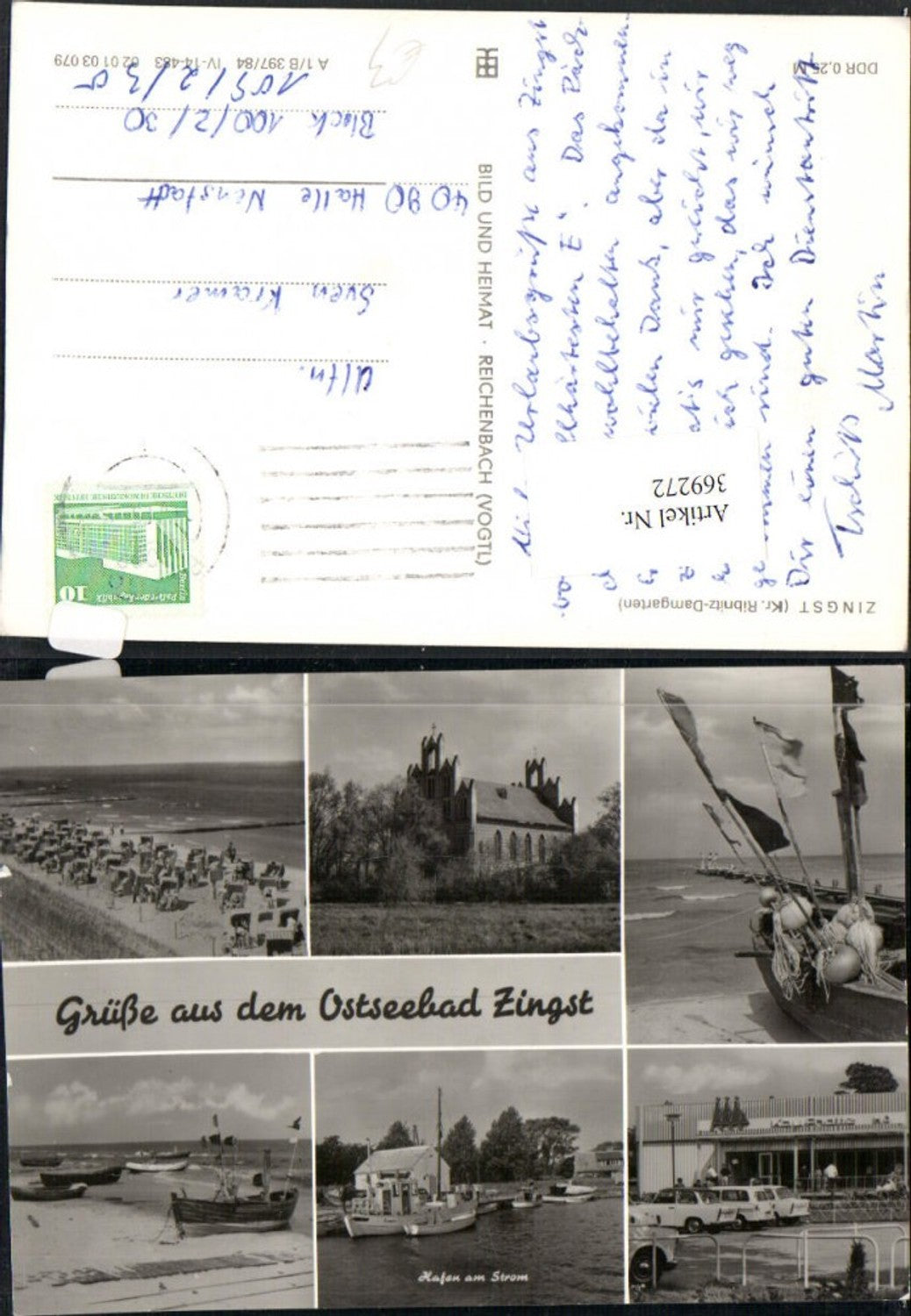369272,Ostseebad Zingst Strand Strandleben Boote Kirche Mehrbildkarte