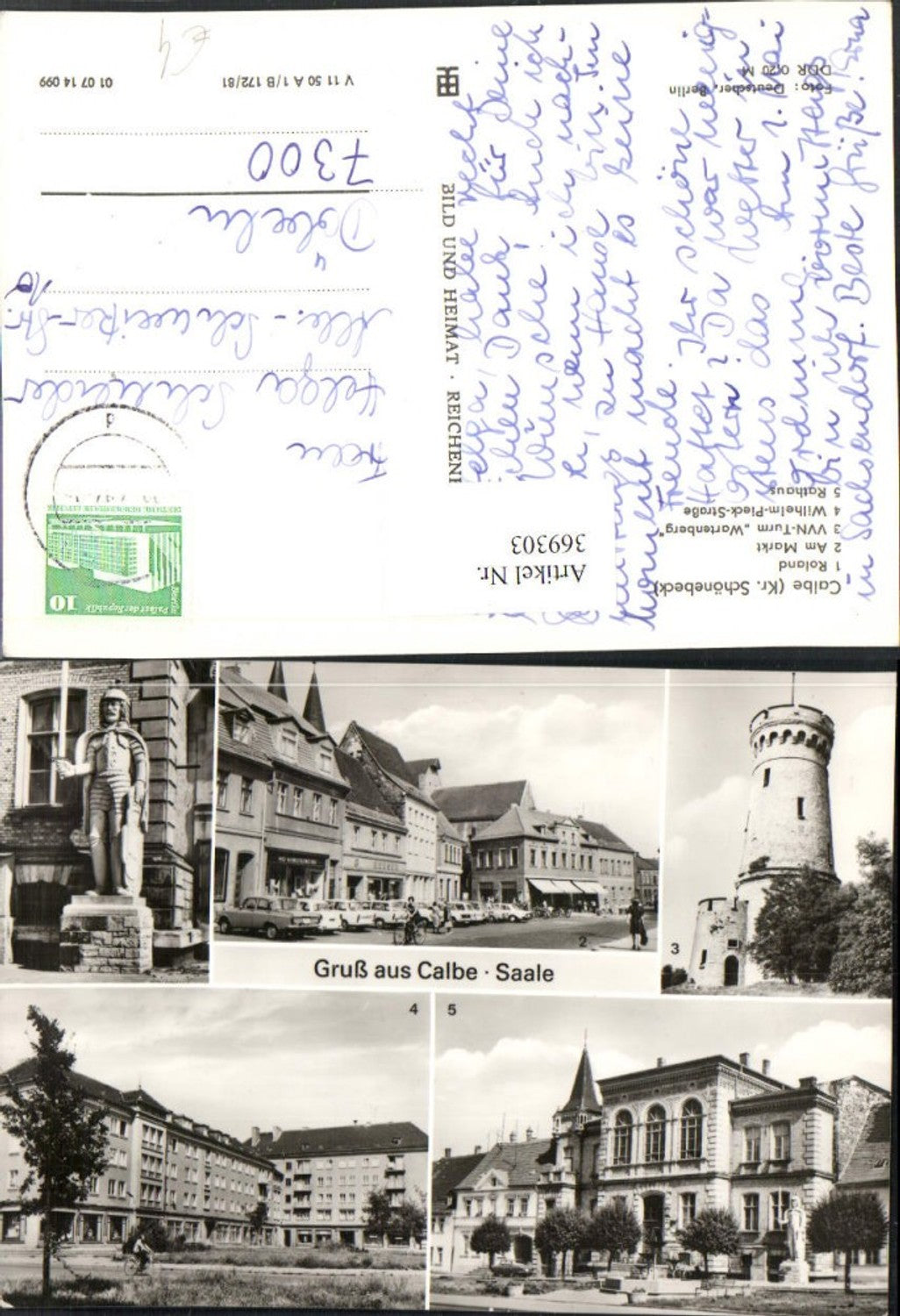 369303,Gruß aus Calbe an d. Saale Roland Statue Rathaus VVN-Turm Mehrbildkarte