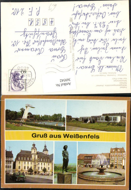 369342,Weißenfels Rathaus Freibad Gaststätte Kosmos Brunnen Statue Mehrbildkarte