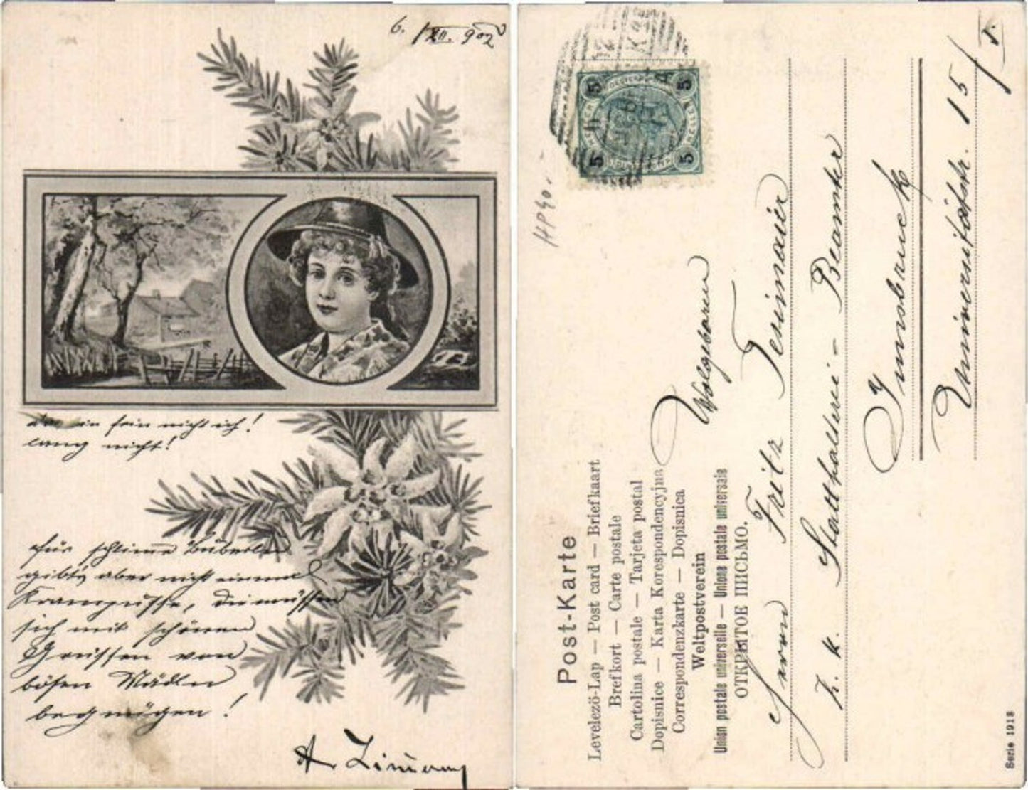 68072,Jugendstil Karte 1901 Frau mit Hut Disteln