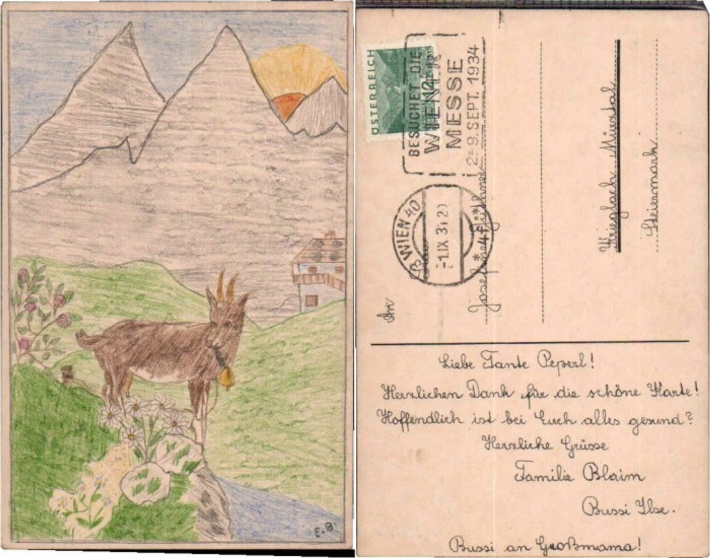 68109,Handgezeichnet Steinbock Berglandschaft sig E.B.